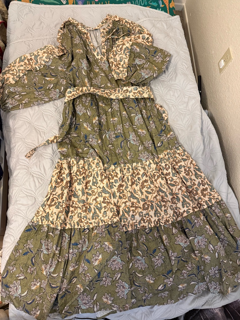 See and Be Seen Boho Maxi Dress Large Olive Floral Patchwork Tiered Prairie